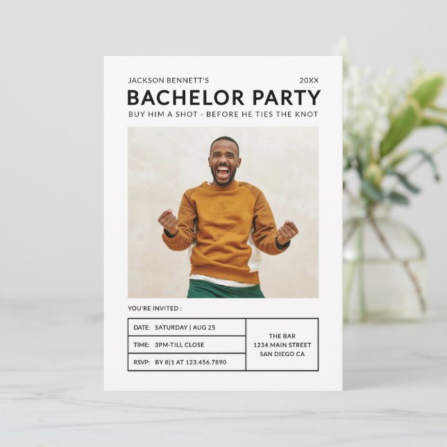 Modern Simple Bachelor Party Photo Invitation (Standing Front)