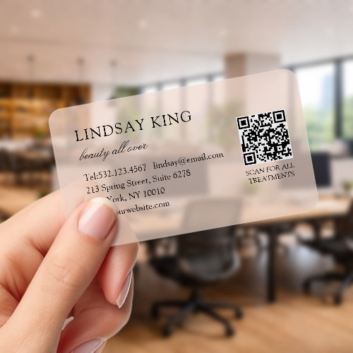 Modern Simple Beige Transparent QR Code Clear Business Cards