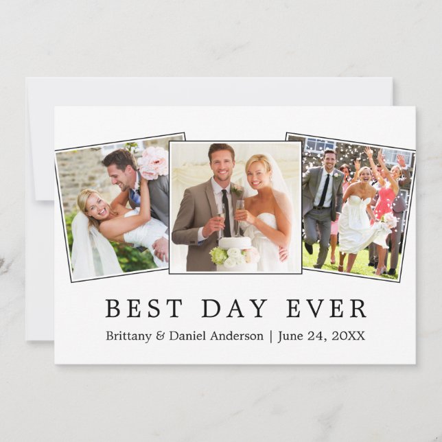 Modern Simple Best Day Ever 3 Photo Wedding Thank You Card (Front)