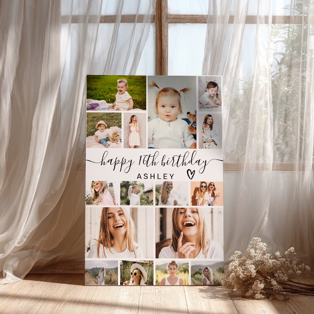 Modern Simple Birthday 16 Photo Grid Collage  Poster (Modern Simple Birthday 16 Photo Grid Collage Poster)