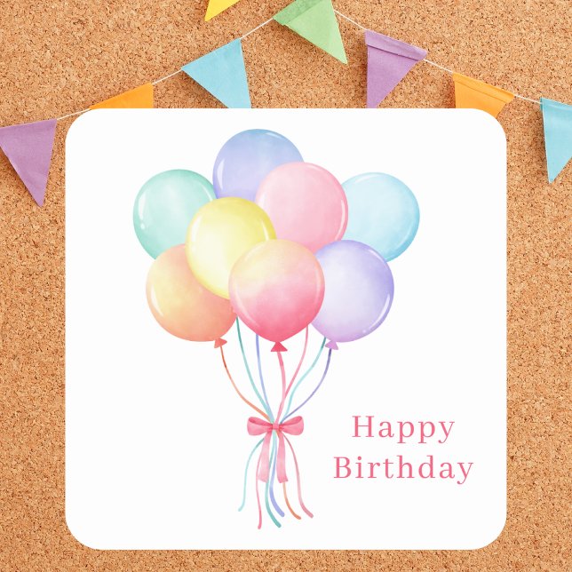 Modern Simple Birthday Balloons Custom Message Square Sticker (Creator Uploaded)