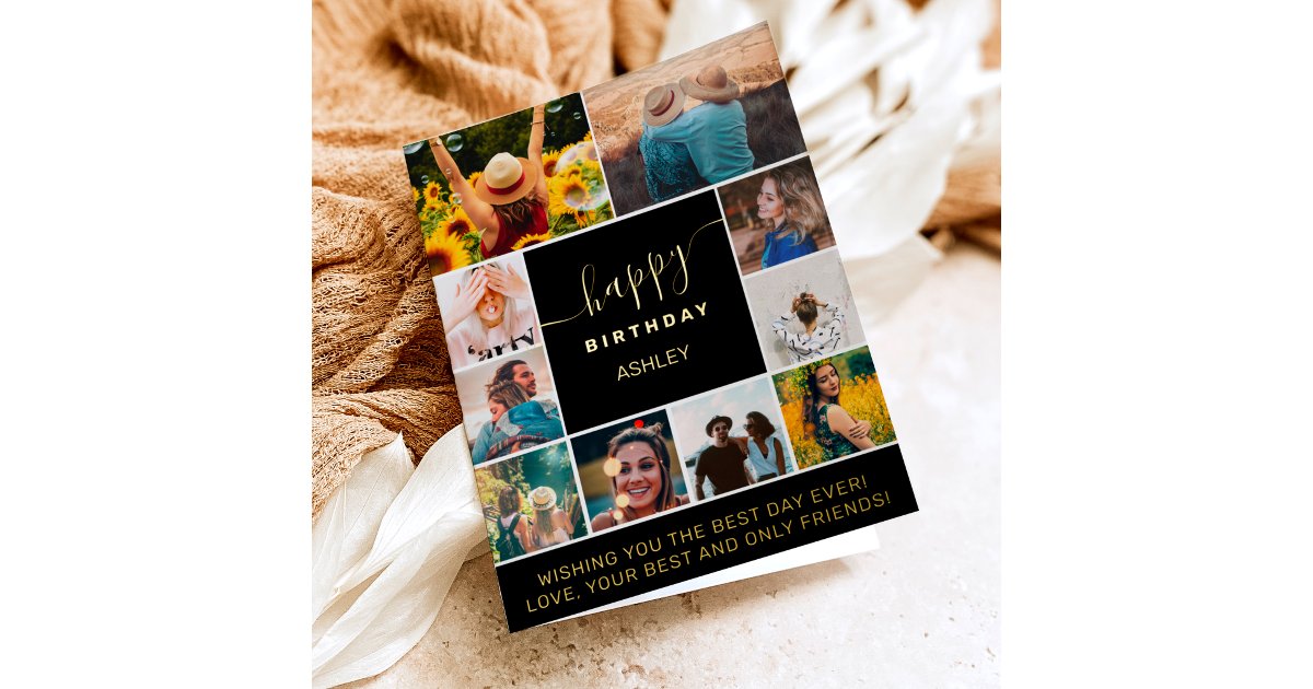Modern simple birthday black 10 photo collage grid foil greeting card