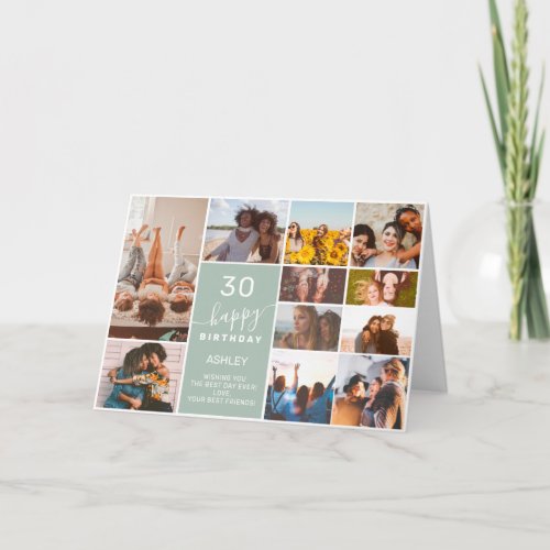 Modern simple birthday sage green 12 photo collage card