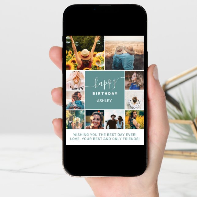 Modern simple birthday teal 10 photo collage grid card (Front Digital)