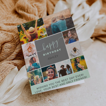 Modern simple birthday teal 10 photo collage grid card