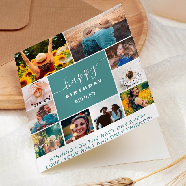 Modern simple birthday teal 10 photo collage grid card (Modern simple birthday teal 10 photo collage grid card)