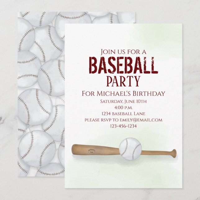 Modern Simple Birthday Watercolor Baseball Cute Invitation (Front/Back)