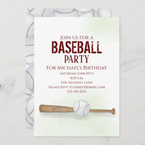 Modern Simple Birthday Watercolor Baseball Cute Invitation