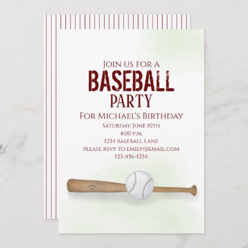 Modern Simple Birthday Watercolor Baseball Cute Invitation