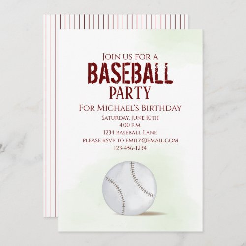 Modern Simple Birthday Watercolor Baseball Cute Invitation