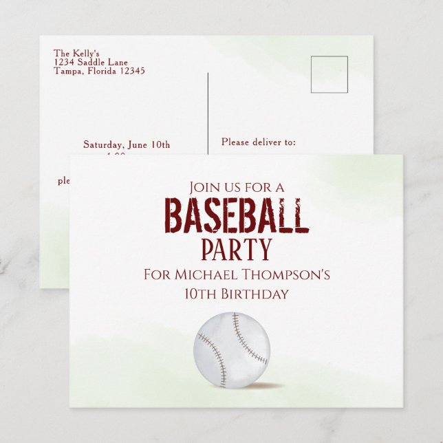 Modern Simple Birthday Watercolor Cute Baseball Postcard (Front/Back)