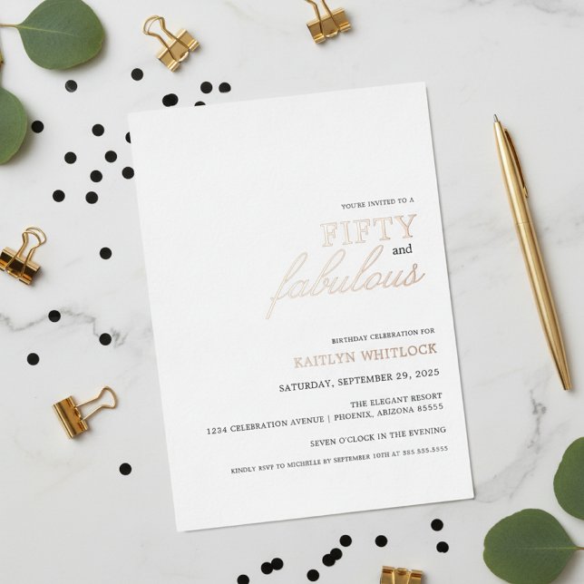 Modern Simple Black 50 and Fabulous Birthday Party Foil Invitation (modern elegant typography fifty and fabulous 50th birthday party invitation foil invites for girly)
