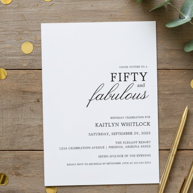 Modern Simple Black 50 and Fabulous Birthday Party Invitation (modern elegant typography fifty and fabulous 50th birthday party invitation simple)
