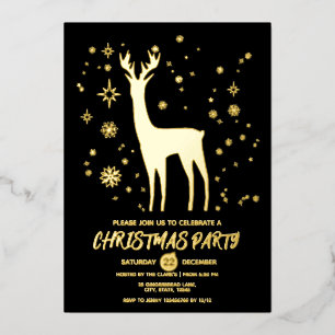 Modern Simple Black and Gold Elegant Deer Xmas Foil Invitation