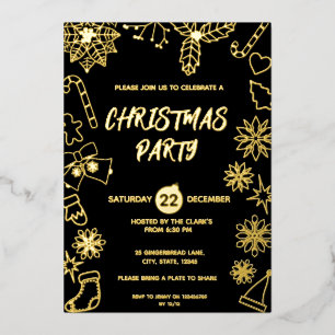 Modern Simple Black and Gold Elegant Xmas Party Foil Invitation