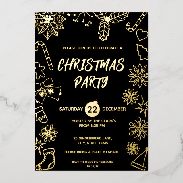 Modern Simple Black and Gold Elegant Xmas Party Foil Invitation (Front)