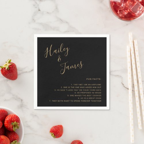 Modern Simple Black and Gold Fun Facts Wedding Napkins