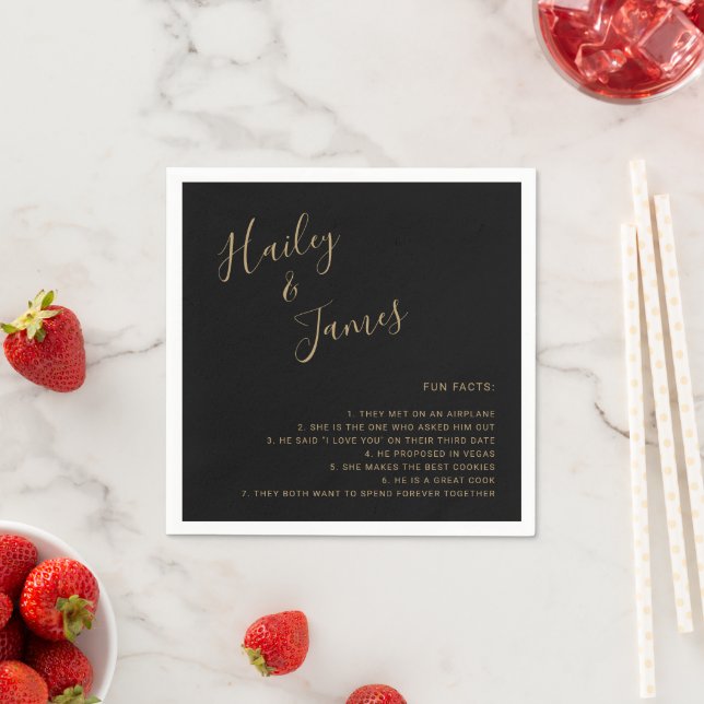 Modern Simple Black and Gold Fun Facts Wedding Napkins (Insitu)