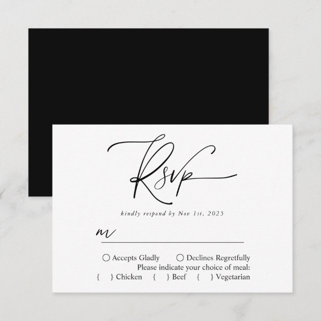 Modern Simple Black And White Elegant Calligraphy RSVP Card (Front/Back)