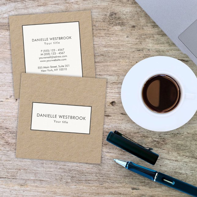 Modern Simple Black and White Frame Kraft Square Business Card (Creator Uploaded)