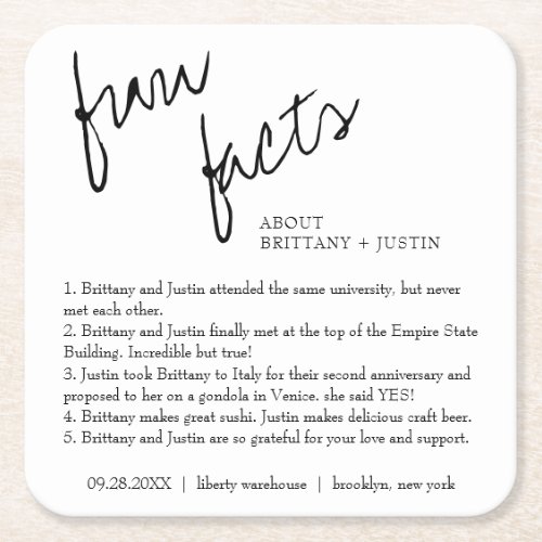 Modern Simple Black and White Fun Facts Wedding Square Paper Coaster
