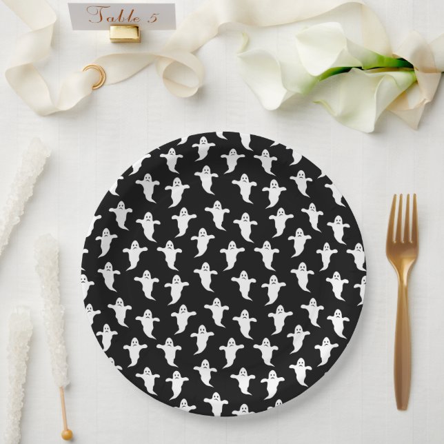 Modern Simple Black and White Ghosts Halloween Paper Plates (Wedding)
