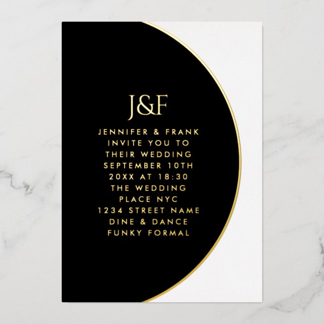 Modern Simple Black and White Gold Monogram Real Foil Invitation (Front)