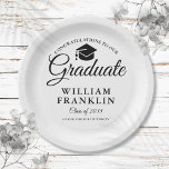 Modern Simple Black And White Graduation Party Paper Plates<br><div class="desc">An elegant black and white graduation party paper plate featuring a black cap topper with your grads details set in modern typography. Designed by Thisisnotme©</div>