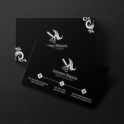 Modern Simple Black and White Hair Stylist Salon Business Card