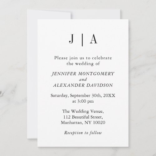 Modern Simple Black And White Monogram Wedding Invitation