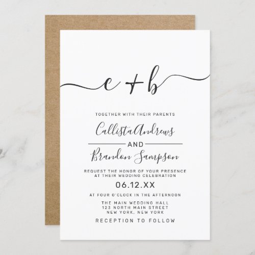 Modern Simple Black and White Monogram Wedding Invitation