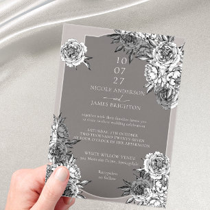 Modern simple black and white peonies wedding acrylic invitations