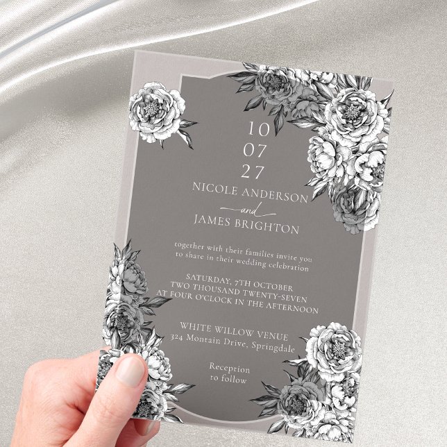 Modern simple black and white peonies wedding acrylic invitations (Creator Uploaded)
