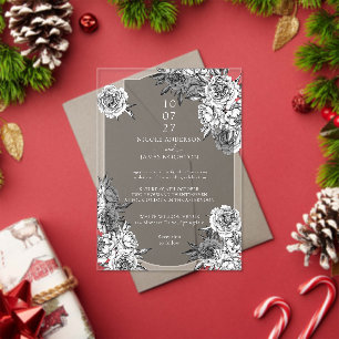 Modern simple black and white peonies wedding acrylic invitations