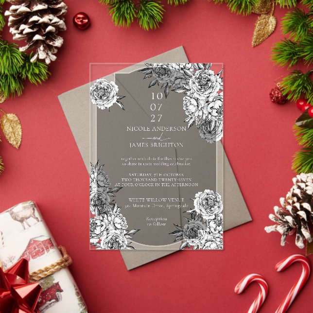 Modern simple black and white peonies wedding acrylic invitations (Insitu (Holiday))