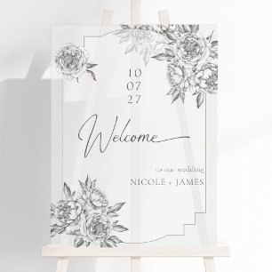 Modern simple black and white peonies welcome acrylic sign