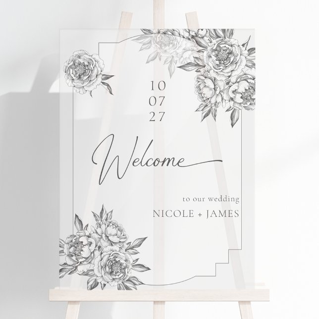 Modern simple black and white peonies welcome acrylic sign (Creator Uploaded)