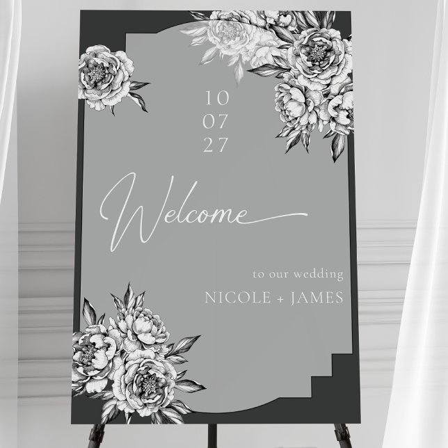 Modern Simple Black And White Peonies Welcome Foam Board (Creator Uploaded)