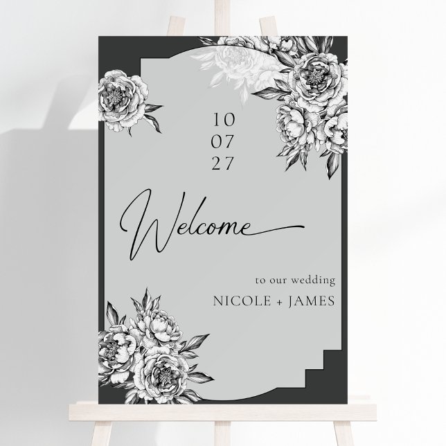 Modern simple black and white peonies welcome foam board (Creator Uploaded)