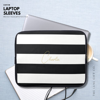 Modern Simple Black and White Stripe Script Name Laptop Sleeve