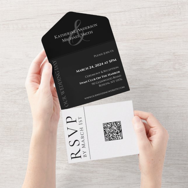 Modern Simple Black and White Wedding-QR code- All In One Invitation (Tearaway)