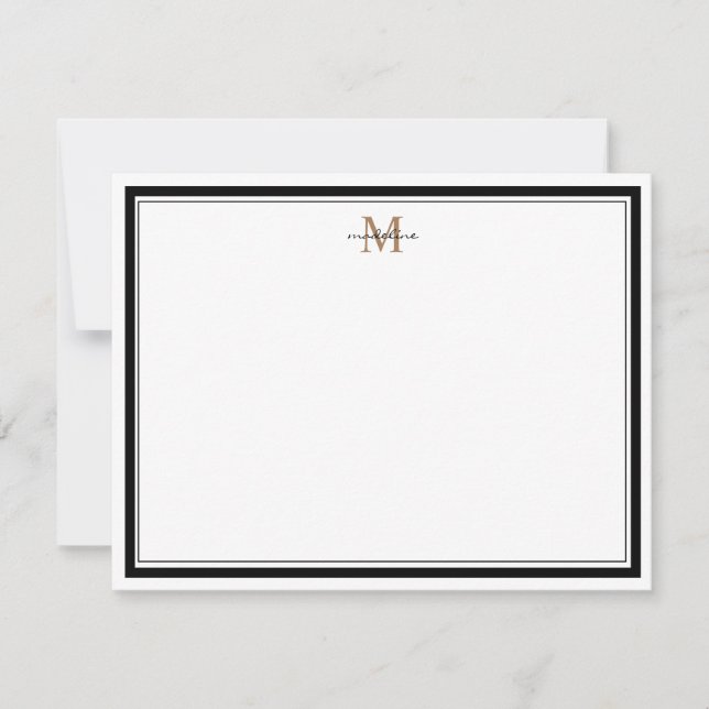 Modern Simple Black Border Gold Monogram Note Card (Front)