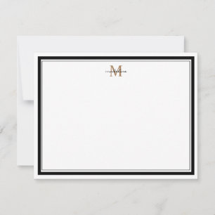 Modern Simple Black Border Gold Monogram Note Card