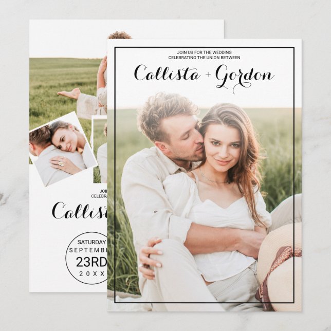 Modern Simple Black Border Photo Collage Wedding Invitation (Front/Back)