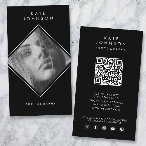 Modern Simple Black Elegant Photography QR Code  Business Card