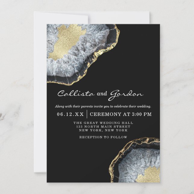Modern Simple Black Gold Agate Geode Wedding Invitation (Front)