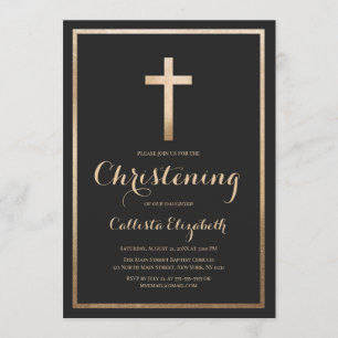 Modern Simple Black Gold Cross Border Christening Invitation