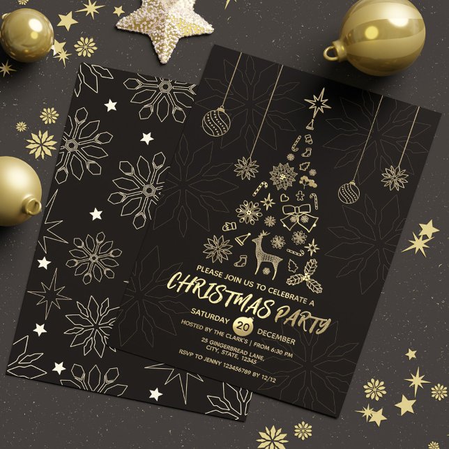 Modern Simple Black & Gold Elegant Christmas Tree Foil Invitation (Modern Simple Black & Gold Elegant Christmas Tree Foil Invitation)