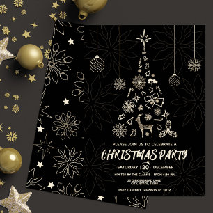 Modern Simple Black & Gold Elegant Christmas Tree Invitation