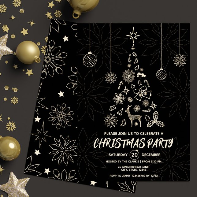 Modern Simple Black & Gold Elegant Christmas Tree Invitation (Modern Simple Black & Gold Elegant Christmas Tree Invitation)